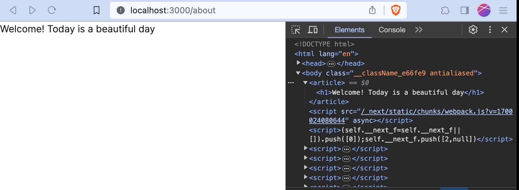 A browser showing a page and the element inspector matching what the code was supposed to do.