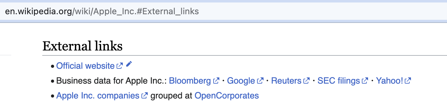 A screenshot of external links on Wikipedia